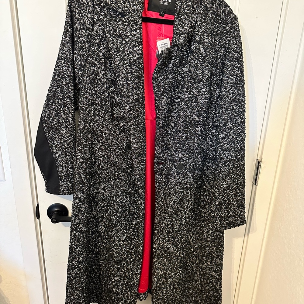 Torrid Black and White Trench Coat with Red Accents